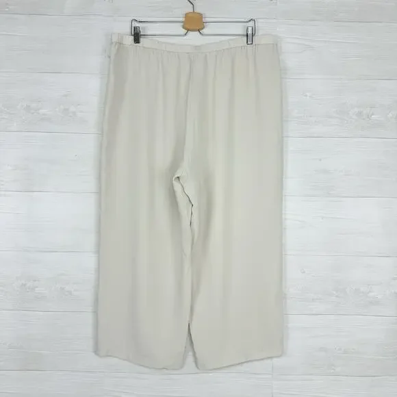 Eileen Fisher Size XL Silk Georgette Crepe Cropped Pants Wide Leg Pull On Bone - Picture 6 of 16